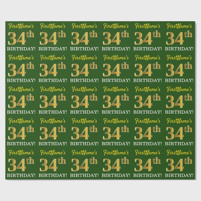 Papier Cadeau Vert, Imitation Or Look "34e anniversaire" (Plat)