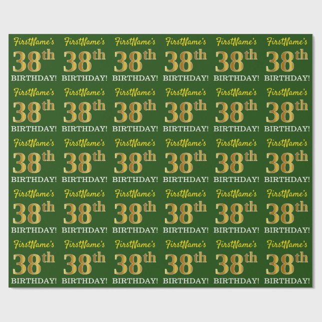 Papier Cadeau Vert, Imitation Or Look "38ème anniversaire" (Plat)