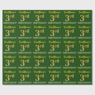 Papier Cadeau Vert, Imitation Or Look "3ème anniversaire"