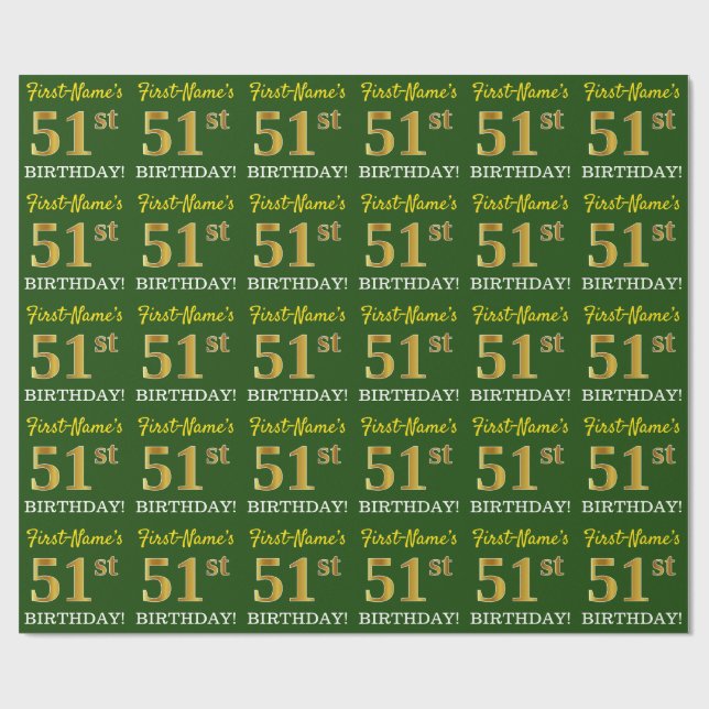 Papier Cadeau Vert, Imitation Or Look "51ème anniversaire" (Plat)