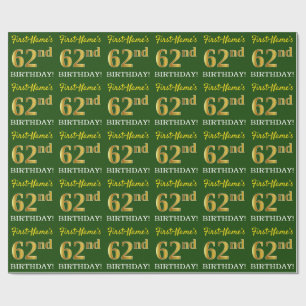 Papier Cadeau Vert, Imitation Or Look "62e anniversaire"