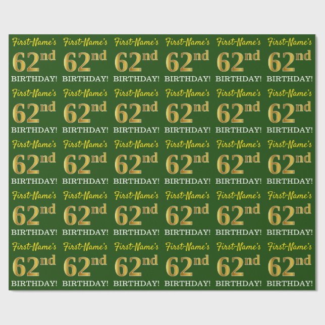 Papier Cadeau Vert, Imitation Or Look "62e anniversaire" (Plat)