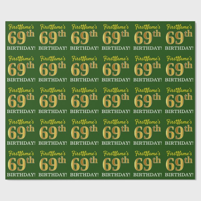 Papier Cadeau Vert, Imitation Or Look "69e anniversaire" (Plat)