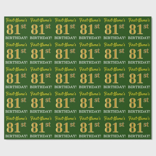 Papier Cadeau Vert, Imitation Or Look "81ème anniversaire" (Plat)