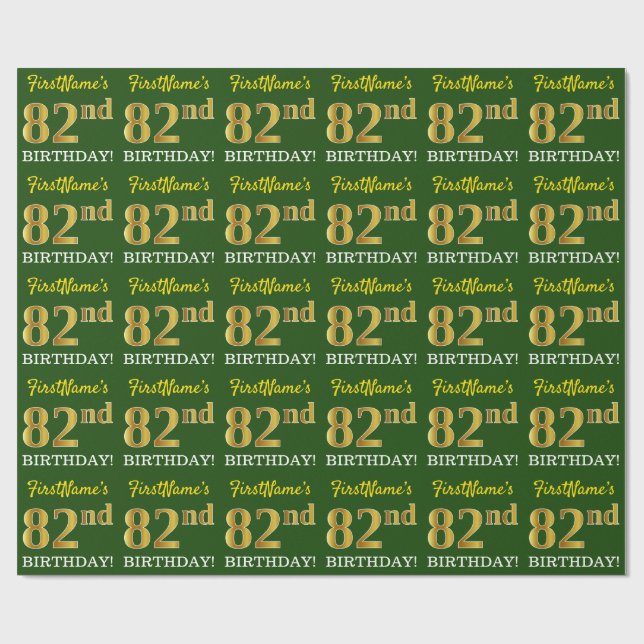 Papier Cadeau Vert, Imitation Or Look "82e anniversaire" (Plat)