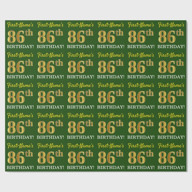 Papier Cadeau Vert, Imitation Or Look "86e anniversaire" (Plat)