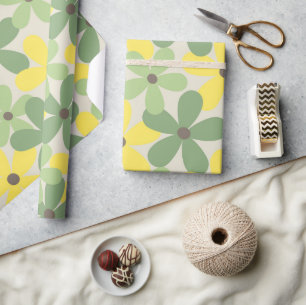 Papier Cadeau Vert jaune rétro Y2K les années 70 Fleur Motif