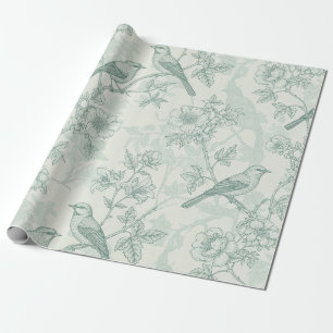 Papier Cadeau Vert menthe toile de Jouy française oiseaux et fle