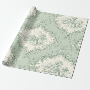Papier Cadeau Vert menthe toile florale de campagne française - 