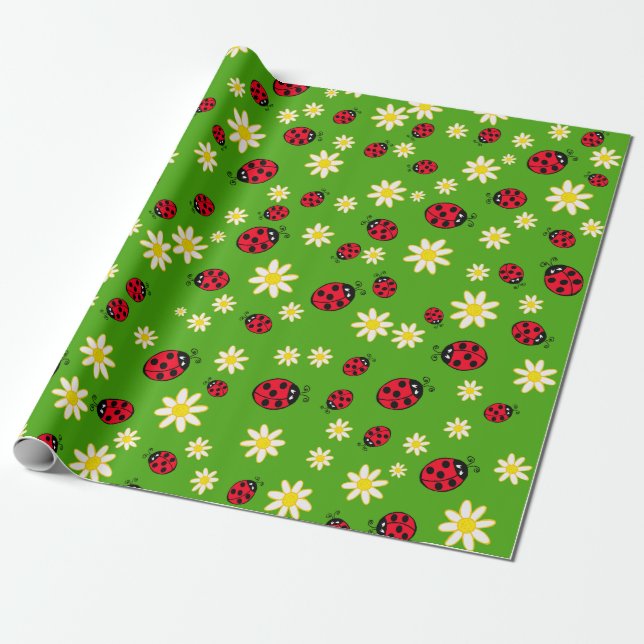 Papier Cadeau vert mignon de motif de fleur de coccinelle et de (Déroulé)