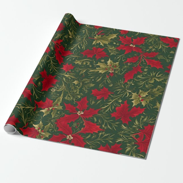 Papier Cadeau Vert or et rouge Fleur de Noël Holly (Déroulé)