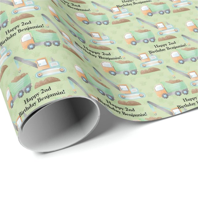 Papier Cadeau Vert Orange Aquarelle Crane Truck Nom du texte (Coin rond)