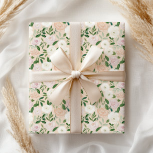Papier Cadeau Vert pastel élégant Rose pêche Fleurs florales