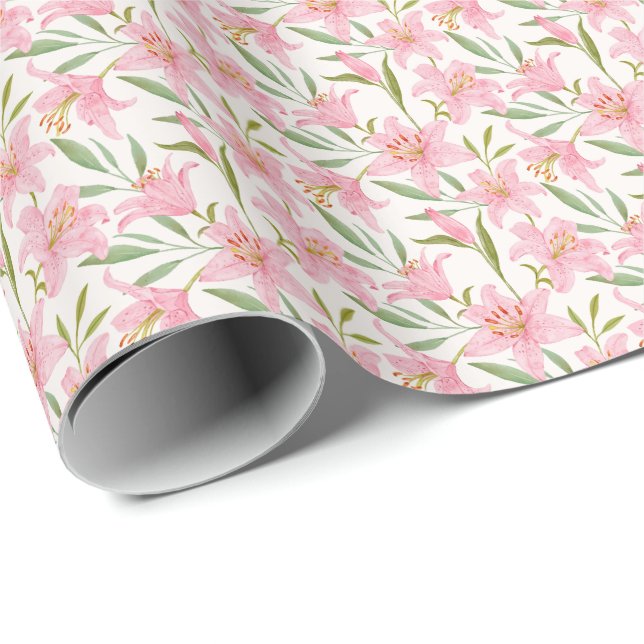 Papier Cadeau Vert pastel fleuri rose lys (Coin rond)