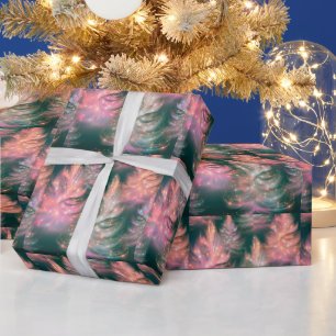 Papier Cadeau Vert Rose Violet Blanc Arbres Noël Moderne