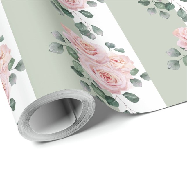 Papier Cadeau Vert sauge clair et roses à l'aquarelle rayées de  (Coin rond)