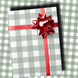 Papier Cadeau Vert sauge élégant et gingham de vacances blanc