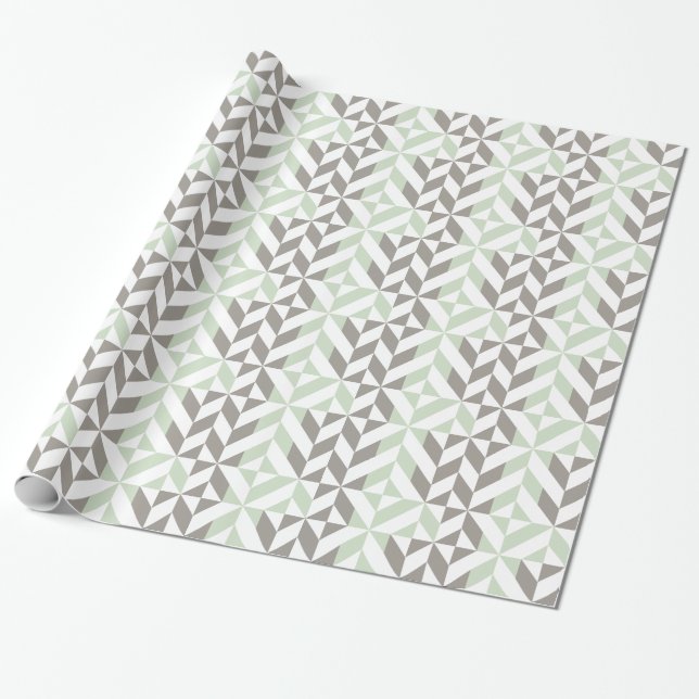 Papier Cadeau Vert sauge et zigzag géométrique d'argent (Déroulé)