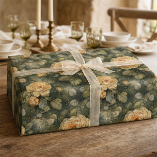 Papier Cadeau Vert sauge floral doré jaune vintage