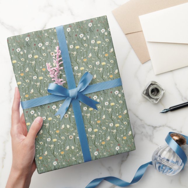 Papier Cadeau Vert sauge jaune blanc Boho Fleurs Floral (Cadeaux)