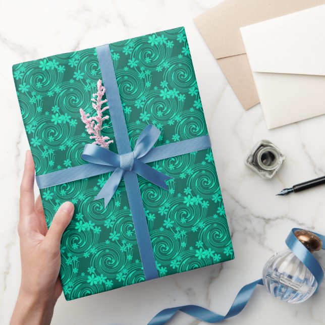 Papier Cadeau vert turquoise motif floral clair (Cadeaux)