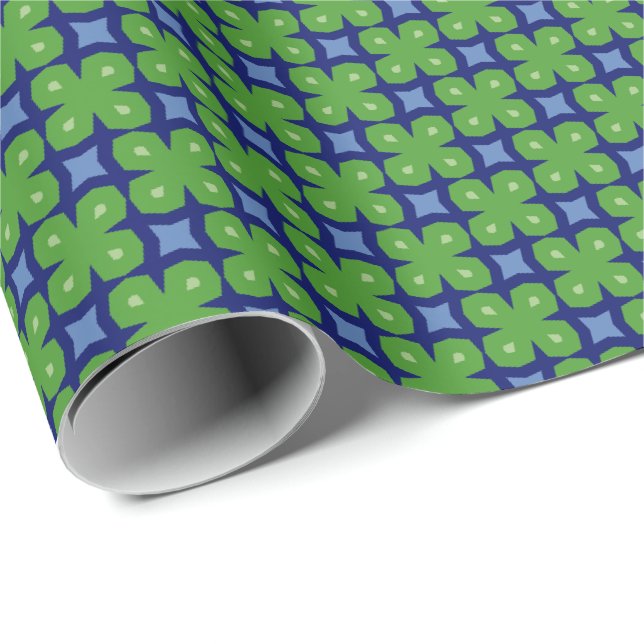 Papier Cadeau Vestiaire géométrique vert et bleu à quatre feuill (Coin rond)