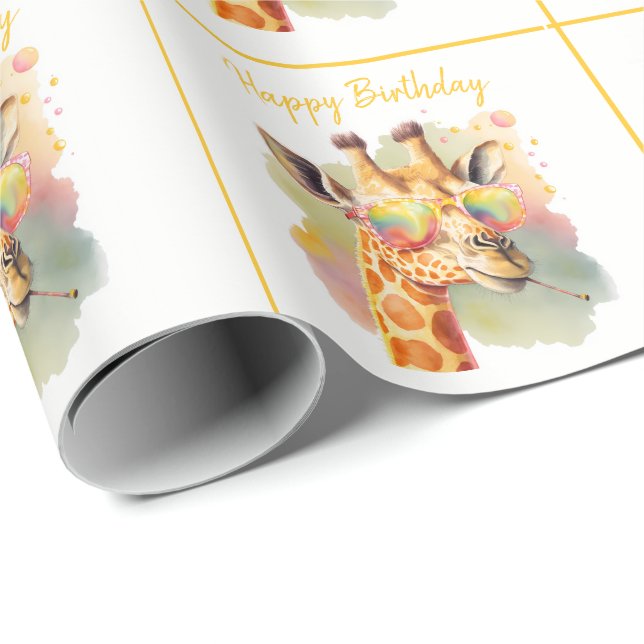 Papier Cadeau Vibes d'été Aquarelle Giraffe - Joyeux anniversair (Coin rond)