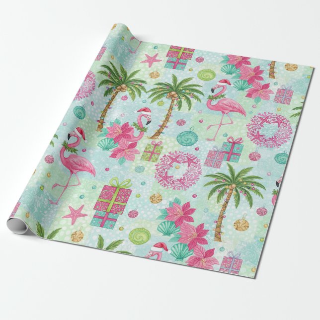 Papier Cadeau Vibes tropicales du Flamant rose de palmiers (Déroulé)