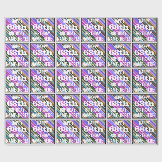 Papier Cadeau Vibrant, coloré 68ème anniversaire + Nom personnal (Plat)