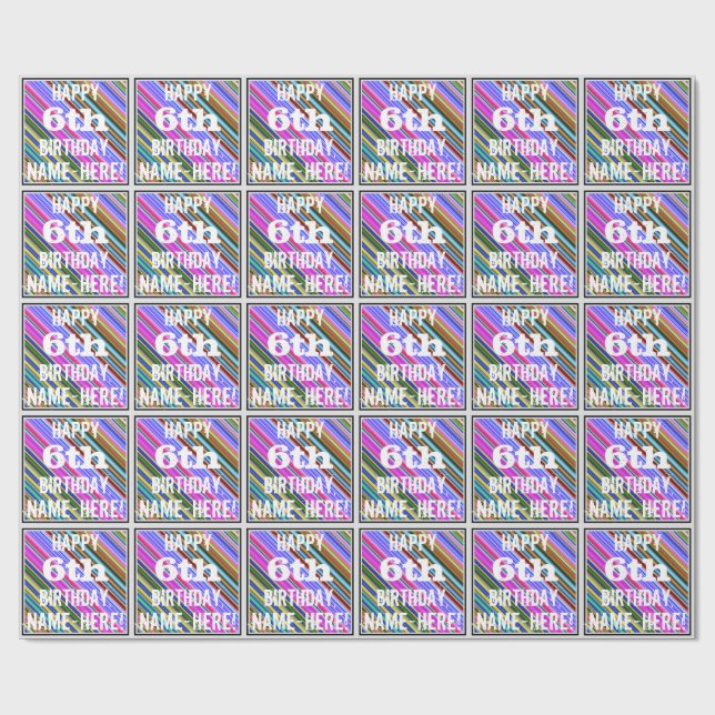 Papier Cadeau Vibrant, coloré 6e anniversaire + Nom personnalisé (Plat)