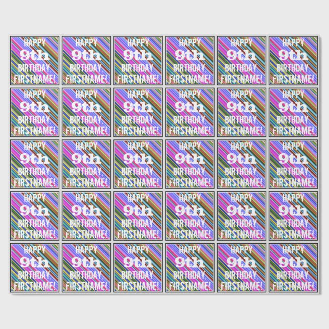 Papier Cadeau Vibrant, coloré 9e anniversaire + Nom personnalisé (Plat)