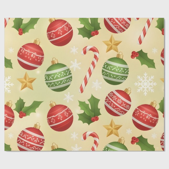 Papier Cadeau Vibrant Festive Christmas Ornaments and Candy Cane (Plat)