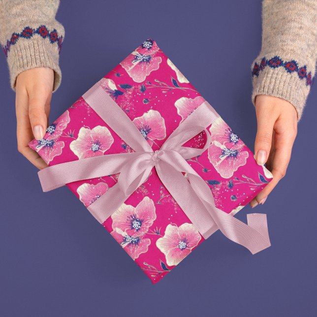 Papier Cadeau Vibrant Floral Pattern in Pink, White & Royal Blue (Créateur téléchargé)