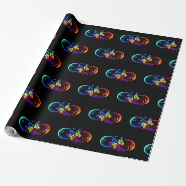 Papier Cadeau Vibrant infinity with rainbow butterfly on black (Déroulé)