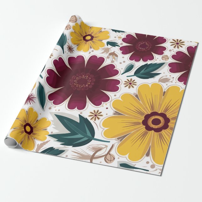 Papier Cadeau Vibrant jaune et bourgogne floral (Déroulé)