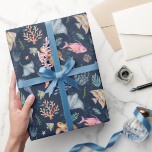 Papier Cadeau Vie océanique à l'aquarelle Bleu marine texturé