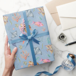 Papier Cadeau Vie océanique à l'aquarelle Texturé bleu clair