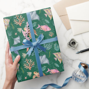 Papier Cadeau Vie océanique à l'aquarelle Texturé vert foncé