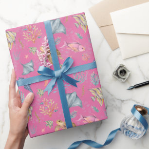 Papier Cadeau Vie océanique aquarelle rose texturée