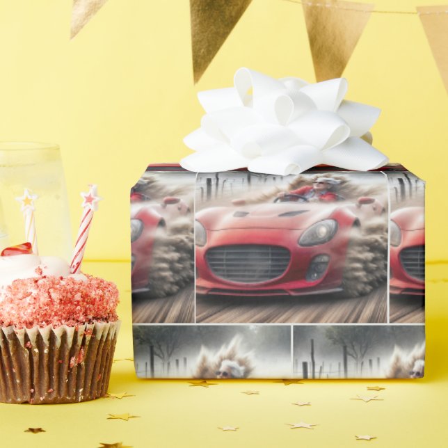 Papier Cadeau Vieille dame conduisant une voiture de sport rouge (Fête d'anniversaire)