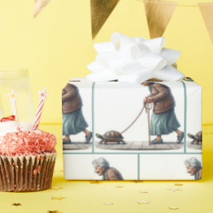 Papier Cadeau Vielle dame marcher une tortue d'animaux