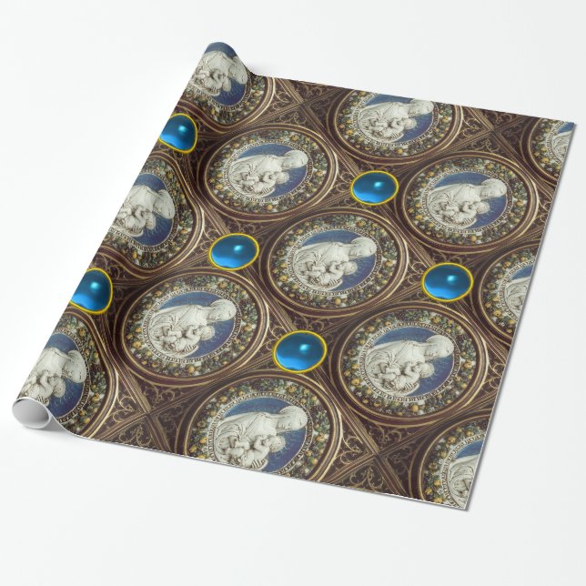 Papier Cadeau VIERGE AVEC ENFANT, Pierres de saphir bleu (Déroulé)