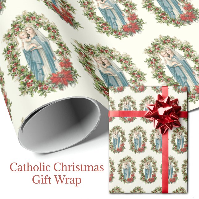 Papier Cadeau Vierge de Noël Marie Jésus Poinsettia Rosaire (Traditional Catholic Blessed Virgin Mary Baby Jesus Red Poinsettias and Holy Rosary. )