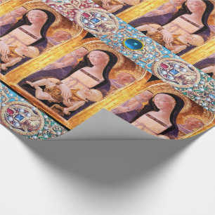 PAPIER CADEAU VIERGE ET ENFANT, ANGELS AUX PIERRES BLEU ROUGE