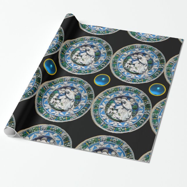 Papier Cadeau VIERGE ET ENFANT AVEC ANGELS, Saphir Bleu Rond (Déroulé)