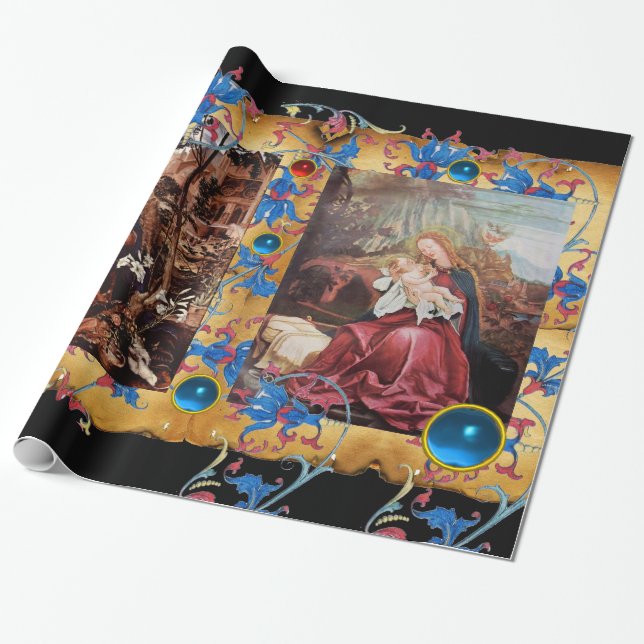 PAPIER CADEAU VIERGE ET ENFANT, PARCHEMENT FLORAL DE NOËL (Déroulé)