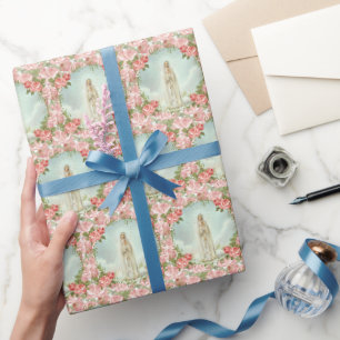 Papier Cadeau Vierge religieuse Mary Fatima Rose Vintage rose 