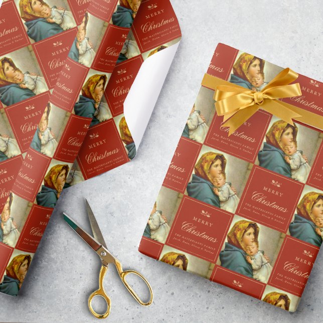 Papier Cadeau Vierge religieuse traditionnelle Marie & Jésus cat (Madonna & Child Christmas gift wrap in red and gold for Catholics and Christians)