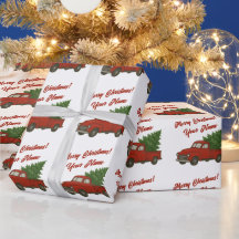 Vieux camion rouge avec arbre de Noël personnalisé