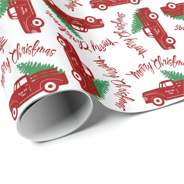 Papier Cadeau Vieux Camion Rouge Fraîches Arbres Joyeux Noël (Coin rond)
